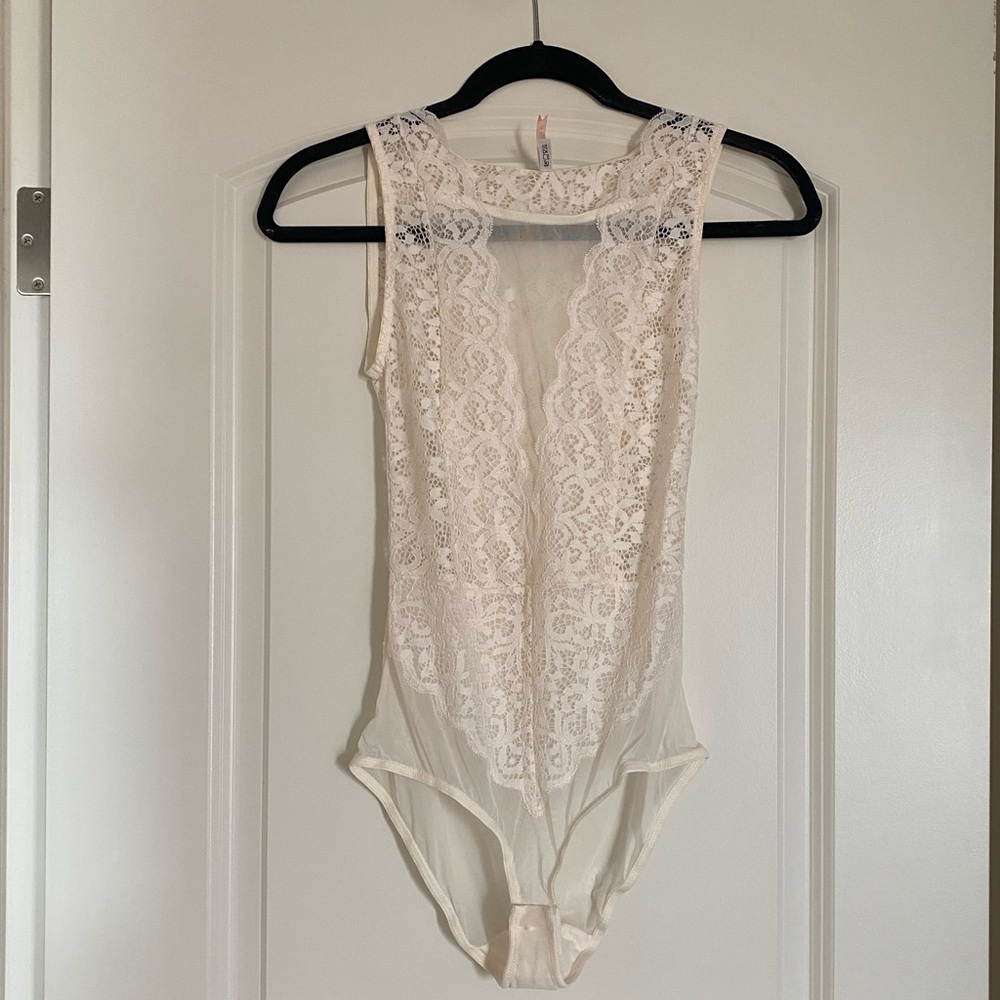 ThirdLove Cream Lace Bodysuit XS Sexy Sheer Mesh Unlined Coquette Festival NWOT